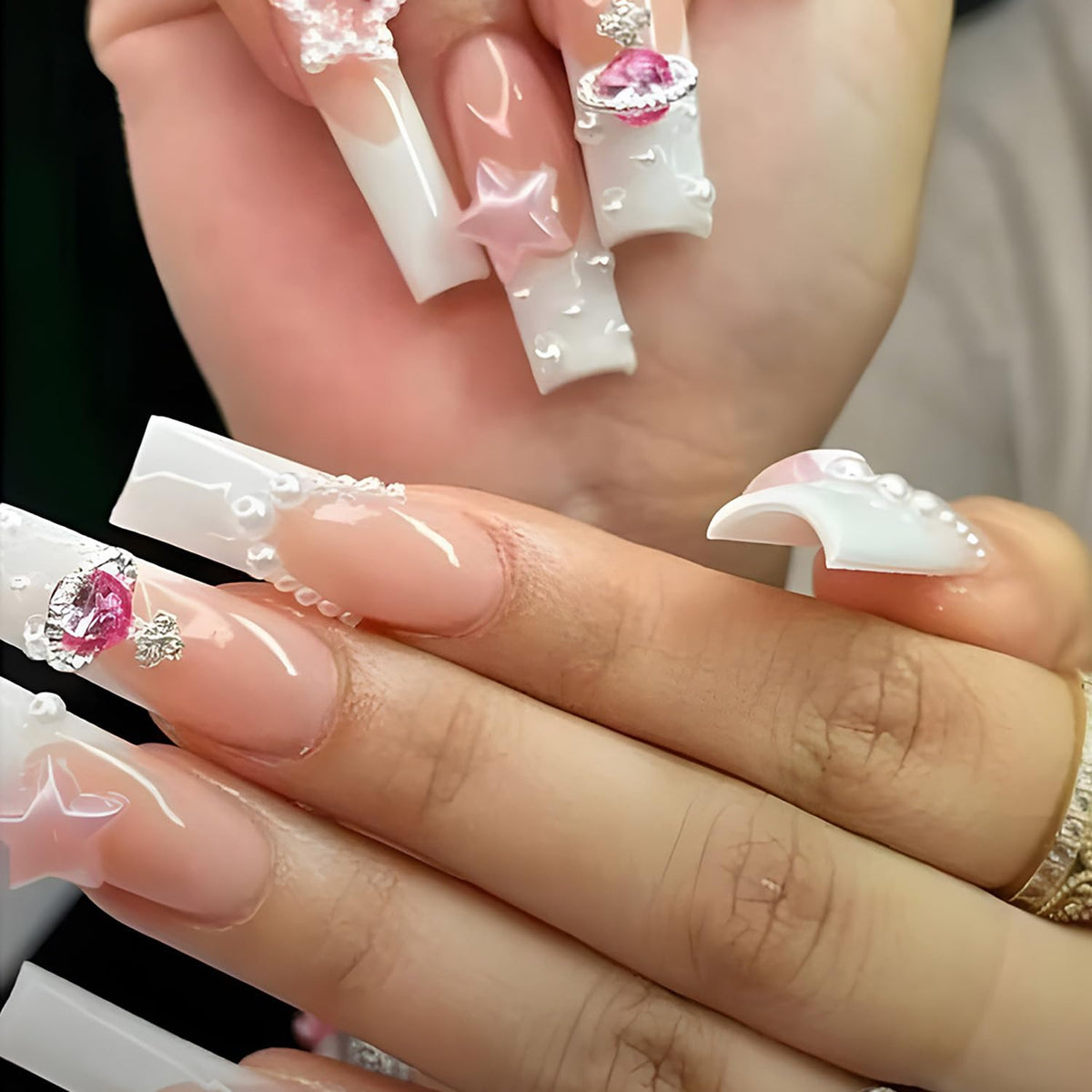 Vezocim Press on Nails Coffin Long French Tips Glossy Full Cover Acrylic Square Rhinestone Fake Nails with Star Gems Designs Extra Long False Nails Glue Stick on Fingernails with Charm for Women