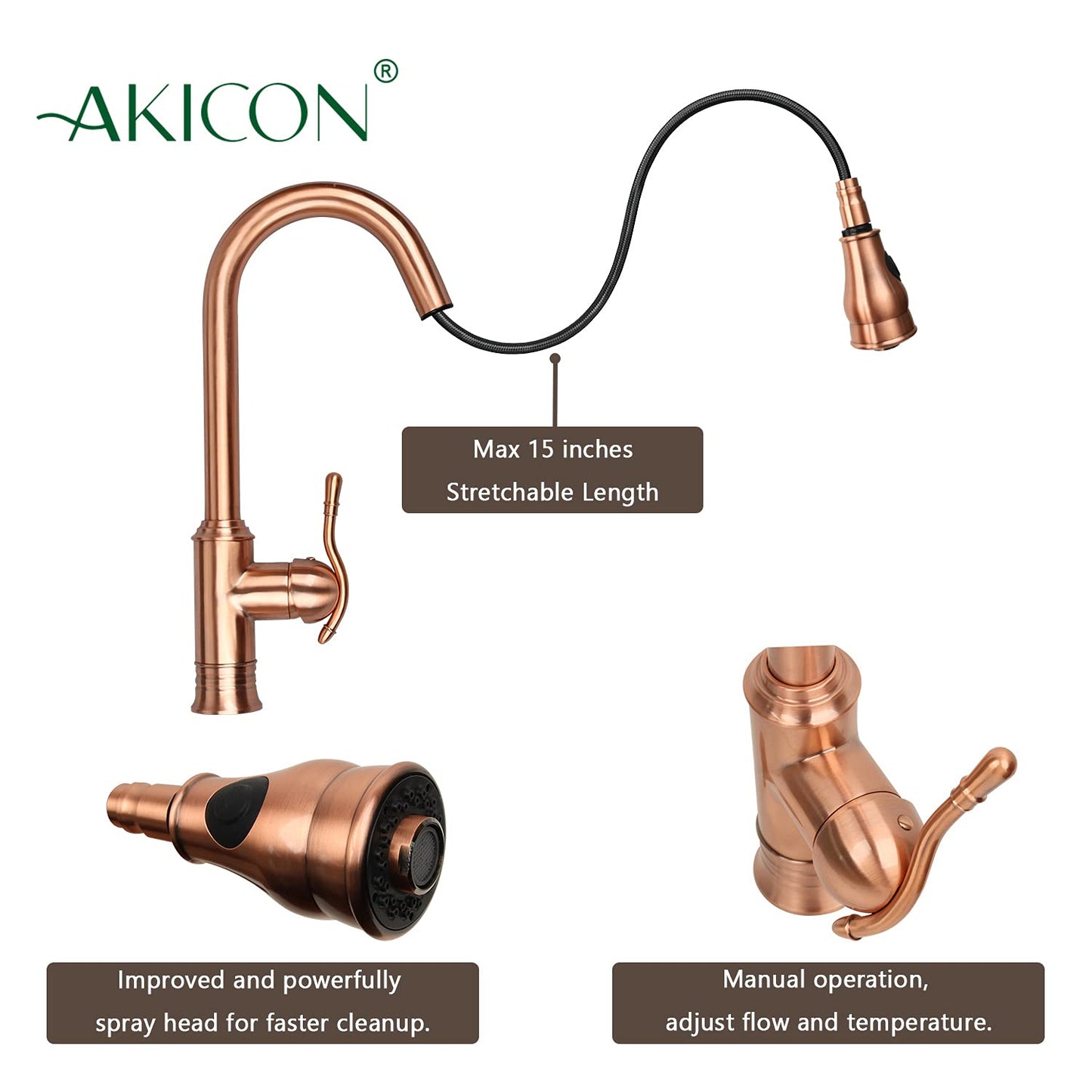 Akicon Copper Single-Hole Pull-Down Sprayer Copper Kitchen Sink Faucet Single Handle