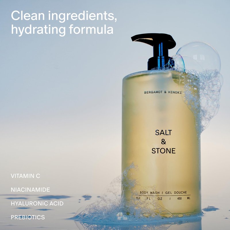 Salt & Stone Body Wash with Antioxidants for Deep Moisture | For Women & Men, Sulfate, Paraben, & Dye Free, Leaving Skin Soft and Hydrated | Bergamot & Hinoki 15.2 fl oz