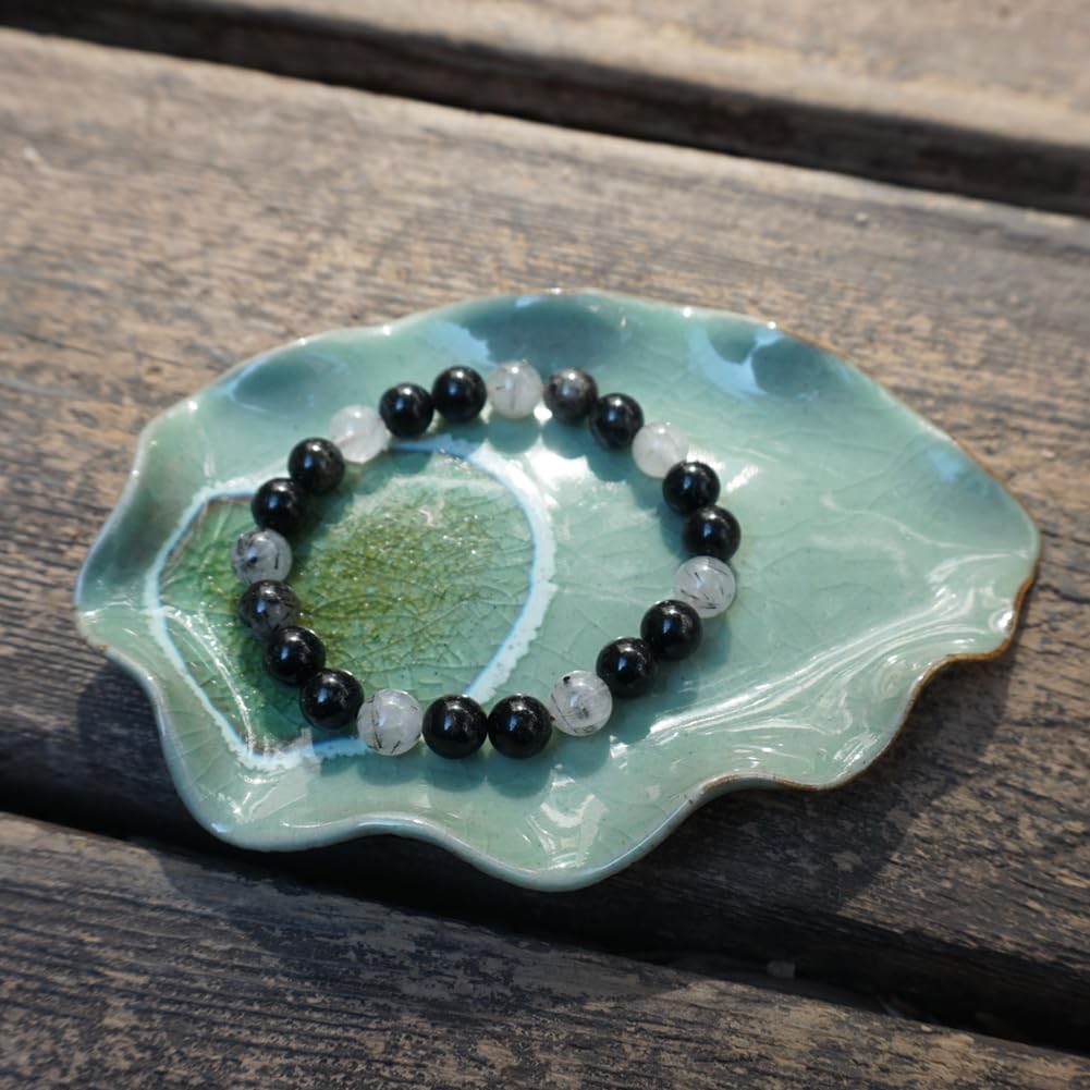 TaHLga 8MM Black Rutilated Quartz Bracelet | Natural Rutilated Quartz Gemstones | Bring Luck Wealth Courage | Protection from Evil | Gift