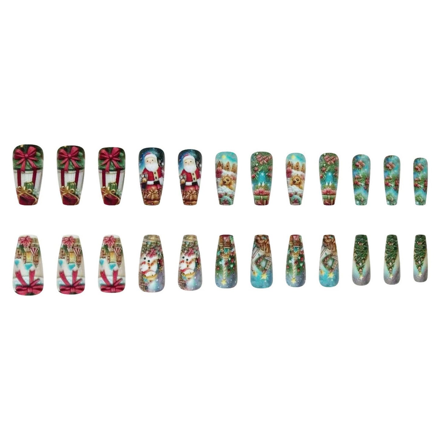 Xmas Press on Nail Long Coffin Fake Nails Retro Press ones with designs Christmas Tree Santa Claus Reindeer Pattern Acrylic Stick on Nail Full Cover Christmas False Nails Gel Glue on Nails for Women