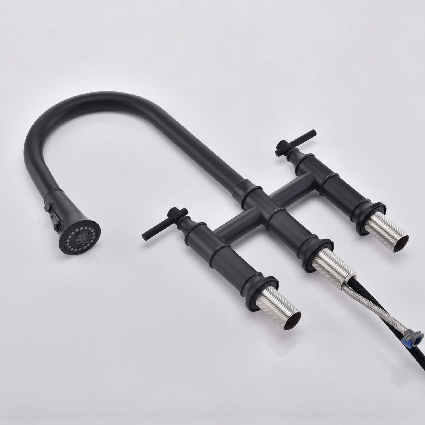 SUMERAIN Bridge Kitchen Faucet with Pull Down Sprayer Matte Black 3 Hole 2 Handle Kitchen Sink Faucet Stainless Steel