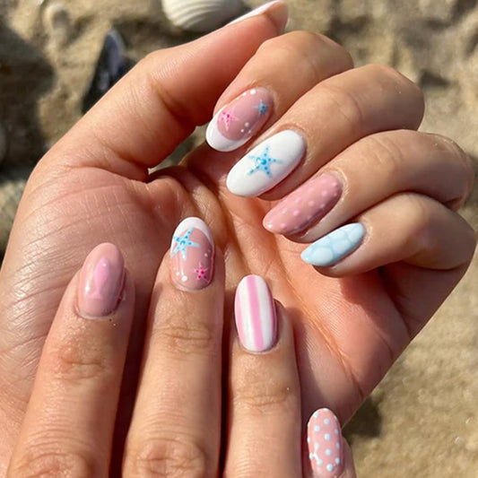 24 Pcs Pink Blue Press on Nails Short Oval WLGDLH French Tip Fake Nails, Summer False Nails Press ons with Polka Dot Starfish Striped Design, Nude Base Glue on Nails for Women Manicure, Glossy Finish