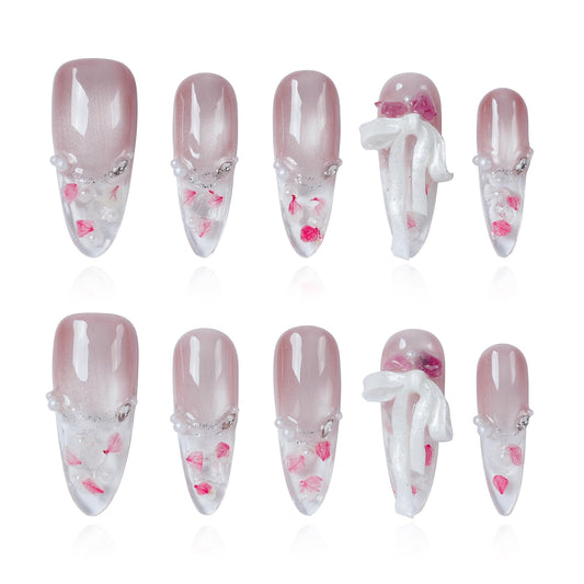 Tesytto Handmade Press On Nails Long Almond, Nude Pink Cat Eye 3D Bow False Nails with Clear Tip Inlaid Tiny Rose Petal Flower for Women (Bridal Blush,M)