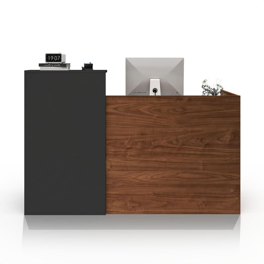 YTElantivo 63″ L-Shaped Reception Desk with Counter – Modern Office Front Desk for Salon, Clinic & Retail, Spacious Workstation, Easy Assembly, Black-Brown Receptionist Desk