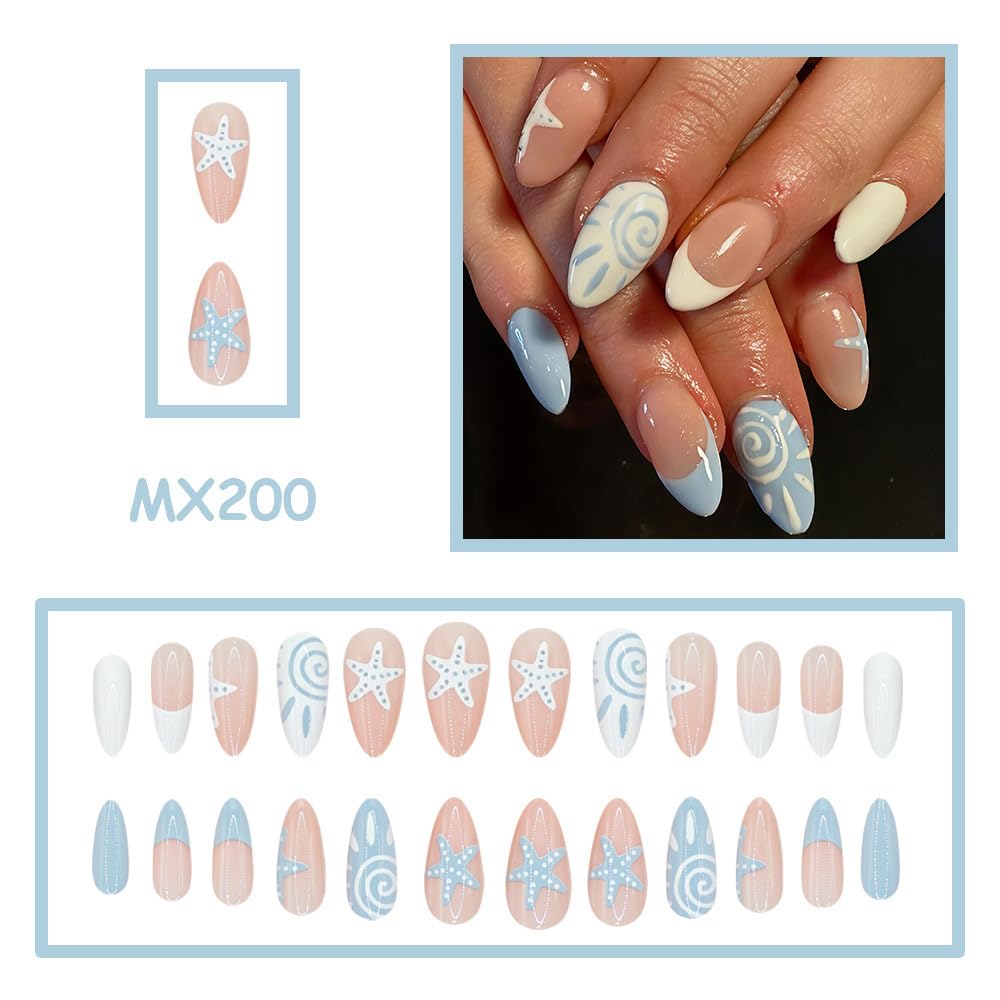 QUNQINLI Medium Almond French Tip Press on Nails Summer Fake Nails Press ons Nail Tips Kit with Sun Starfish Design Blue White False Nails Full Cover Nude Glossy Glue on Nails for Women 24 Pcs