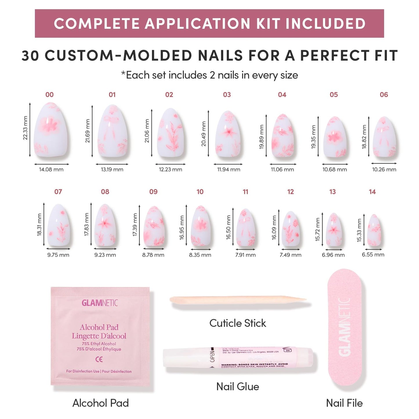 Glamnetic Press On Nails - Fleur Amour Spring Nails | Short Almond Fake Nails in White Base with Delicate Pink Floral Accents in a Glossy Finish | 15 Sizes - 30 Nail Kit with Glue