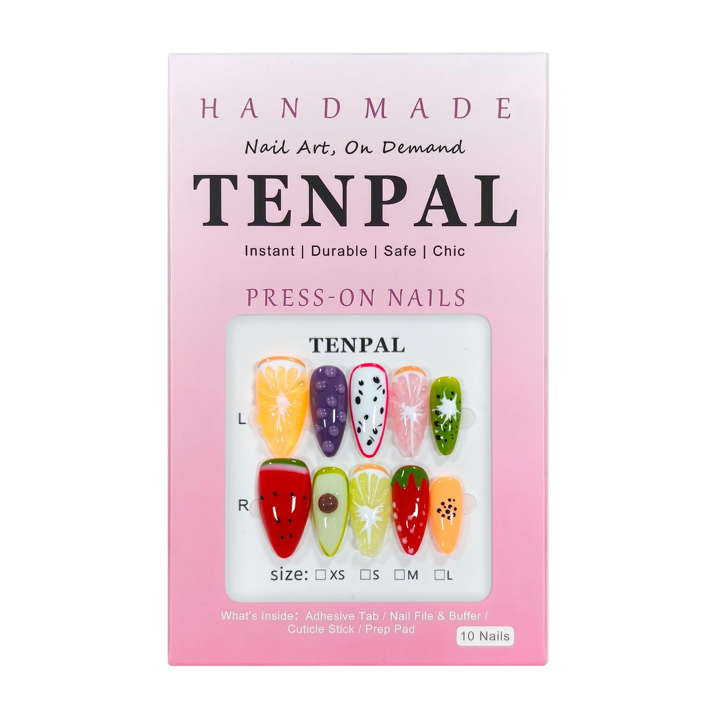 TENPAL Summer Fruit Press on Nails - Vibrant Almond Shaped Fake Nails with Kiwi, Watermelon & Avocado Designs | Reusable Colorful Nail Art for Women | Tropical Fruit Manicure Set (Medium Length,M)