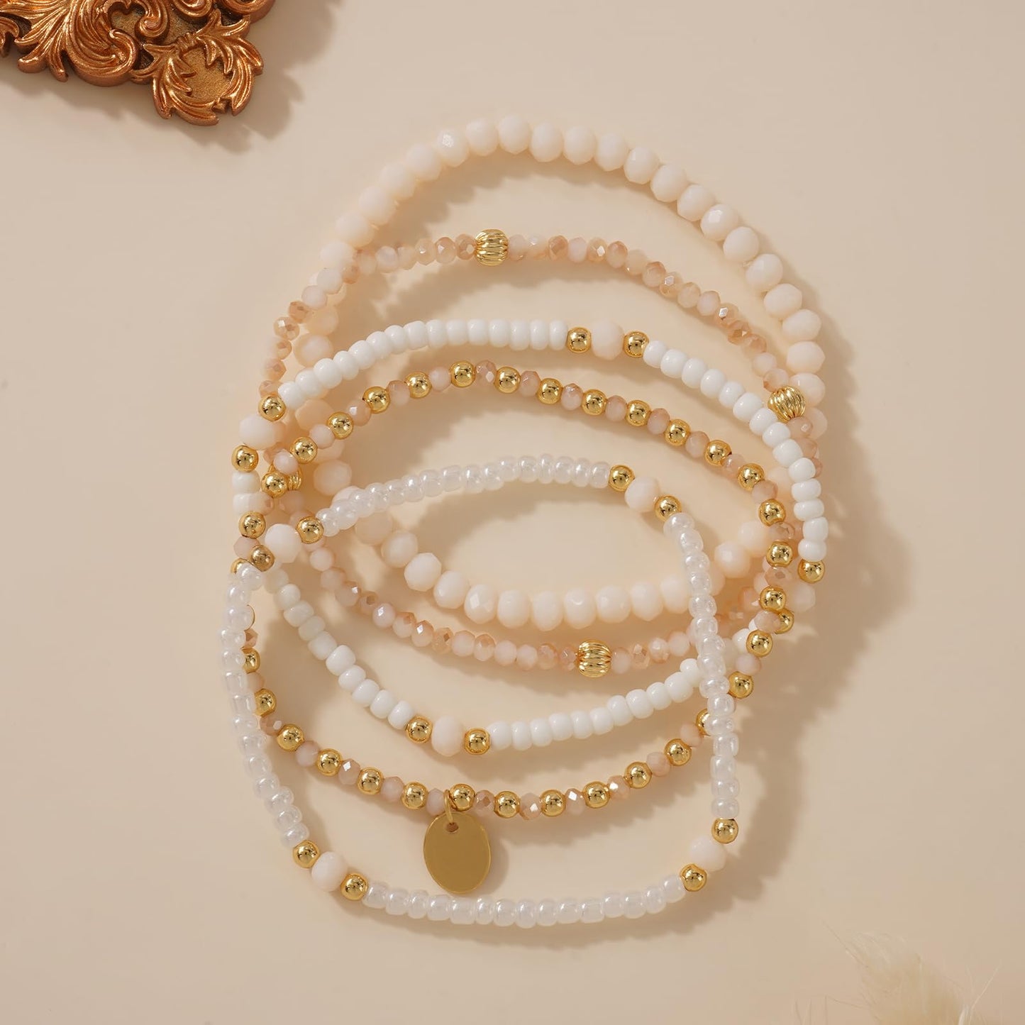 Bohxantium Gold Crystal Beaded Bracelets for Women 14K Gold Plated Beads Ball Bracelet Stack Stretch White Seed Beads Stackable Non Tarnish Trendy Jewelry Prom Birthday Friendship Gift for Women