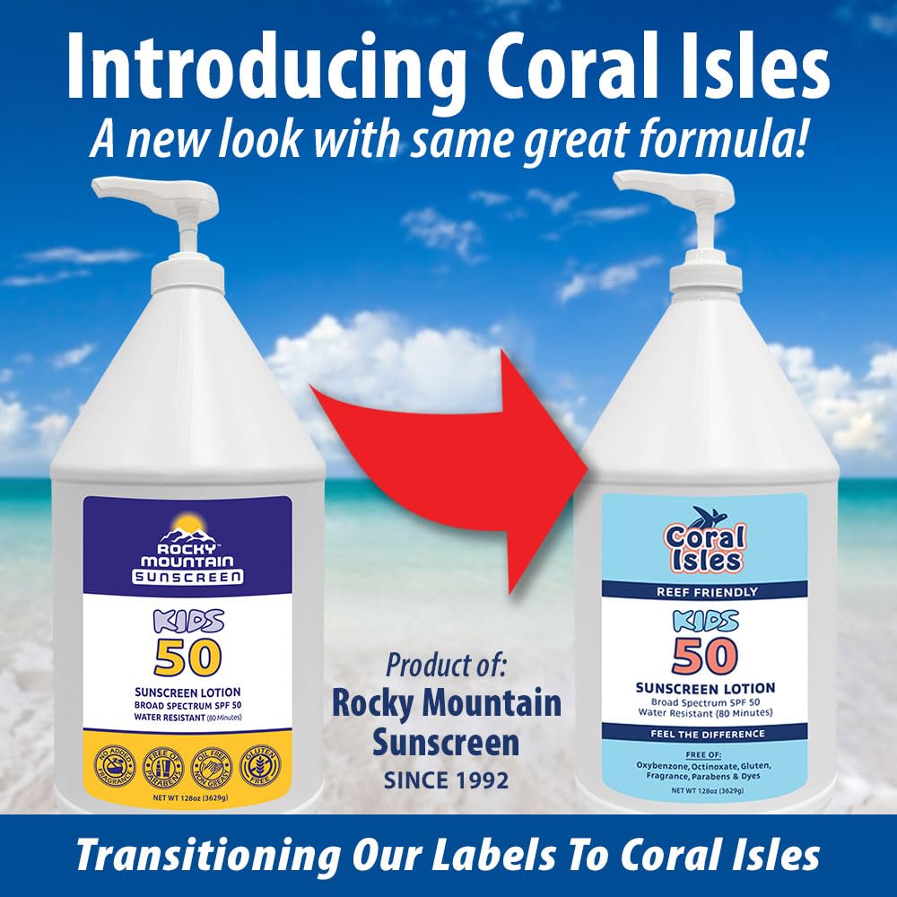 Coral Isles by Rocky Mountain Sunscreen | SPF 50 KIDS Lotion | Broad Spectrum UVA/UVB Protection | Hawaii Reef-Safe Act Compliant | Oxybenzone & Octinoxate Free | Water Resistant 80 Min. | 128 Fl Oz
