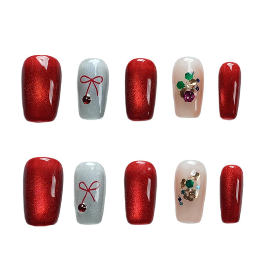 Tesytto Handmade Red Cat Eye Press on Nails Short Coffin - Luxury Coquette Bow Design, Blue Glitter & Red Ombre Fake Nails, Salon Quality Reusable Nails (Holiday Wishes,S)