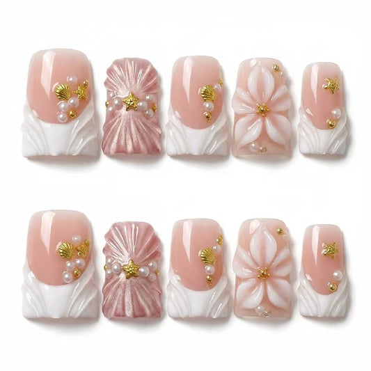 Haozerart Handmade Press On Nails Short Square Duck Shape Fake Nails, White French Tip with Luxury Rhinestones & Pink Flower Decor, Salon Quality Reusable False Nail Kit for Women 10Pcs Size M