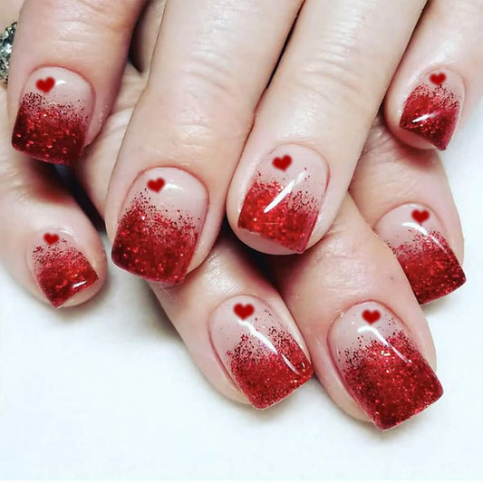 CEWEWP Valentine’s Day Press on Nails Short Square Fake Nails with Heart Designs Red Gradient Glitter Nails Press ons Glossy Glue on Nail Ombre Acrylic Nails Stick on Nail for Women 24Pcs