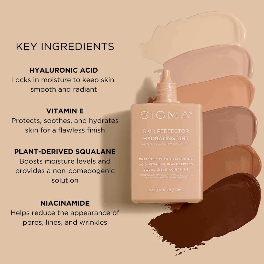 Sigma Beauty Skin Perfector Hydrating Tint (2 - Light Beige Tint) — Skin Tint Foundation for Lightweight, Buildable Coverage, With Hyaluronic Acid, Niacinamide Serum, and More