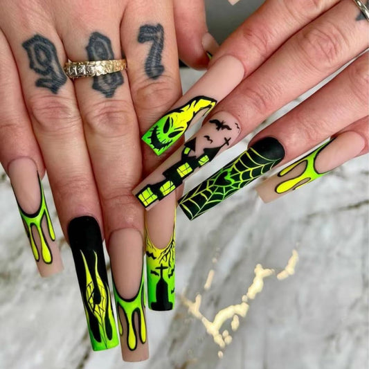 24Pcs Halloween Long Square Fake Nails Castle Spider Web Flame Design Stick on Nails French Tip False Nails Green Reusable Artificial Full Cover Acrylic Glue on Nail for Women Nail Art Decoration