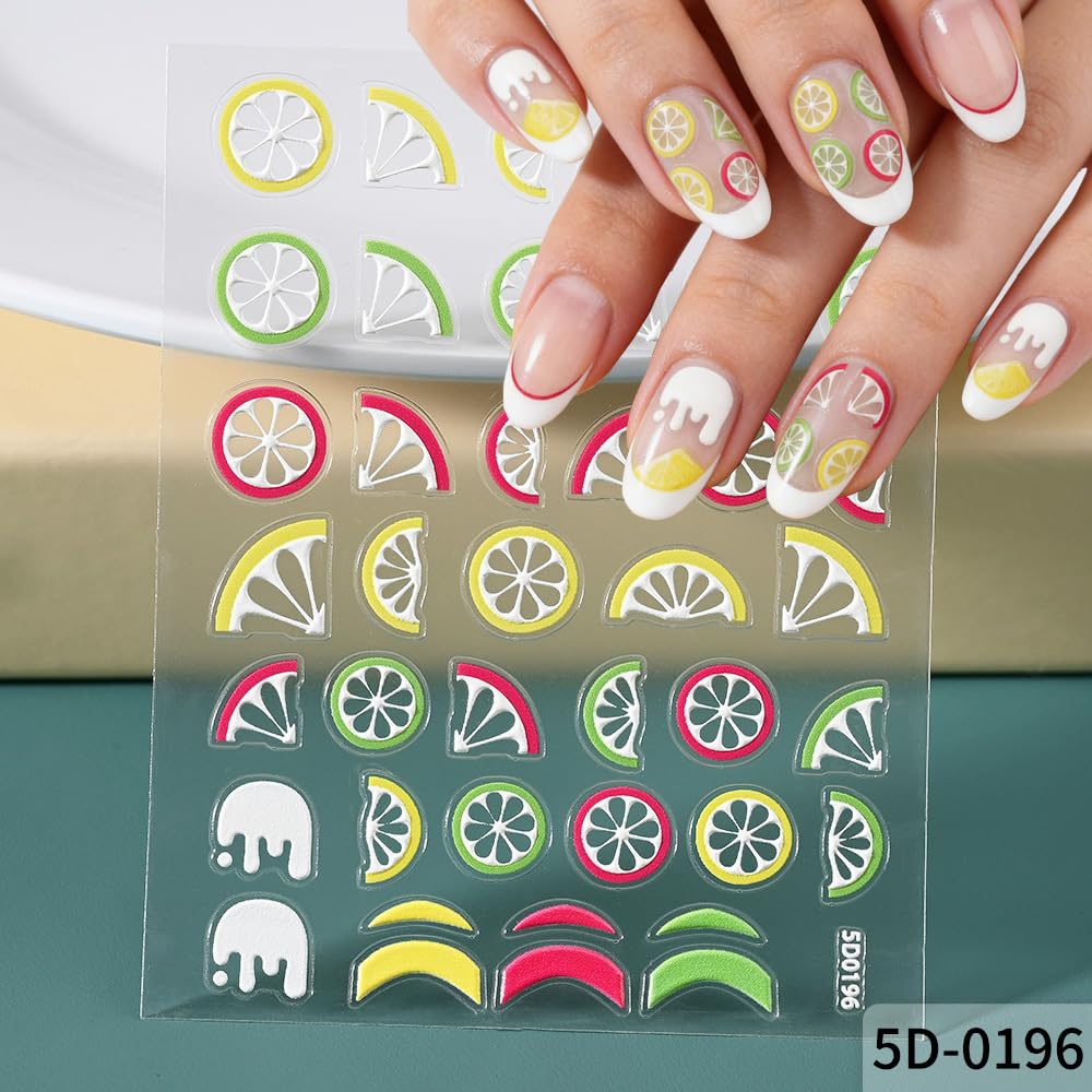 6 Sheets Fruits Nail Stickers for Nail Art Summer, 3D Self-Adhesive Nail Decals with Strawberry Cherry Pattern, Nail Supplies Nail Art Design Accessories for Women and Girls Manicure DIY Decoration