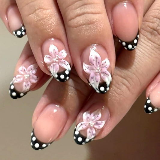 Spring Polka Dot Press on Nails Short Almond Fake Nails with 3D Lily Flower Design Black French Tip False Nail Glossy Full Cover Stick on Nail For Women Manicure 24 Pcs