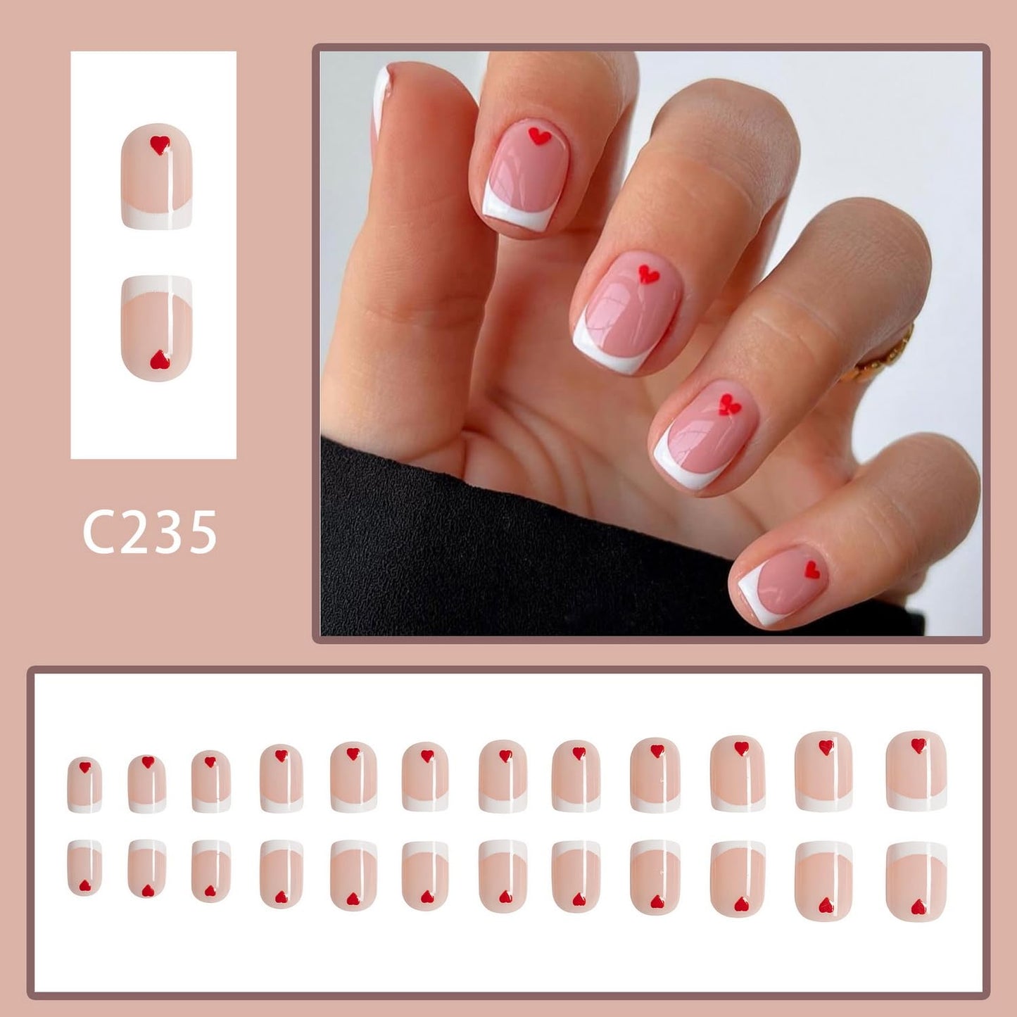 Valentine's Day Press on Nails Short Square Fake Nails White French Tip False Nails Red Hearts Designs Stick on Nails Full Cover Glossy Nude Glue on Nails for Women Holiday Nail Decorations 24pcs