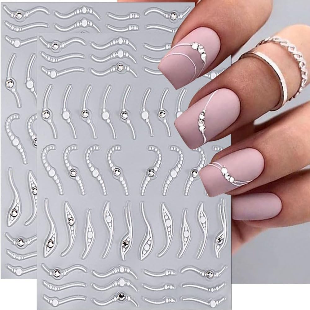 3Pcs French Line Nail Art Stickers,Silver Line Diamond Nail Stickers 5D Self-Adhesive Nail Decals Nail Art Supplies Silvery Stripe Swirls Wave Deisgns for Women Nails Decor