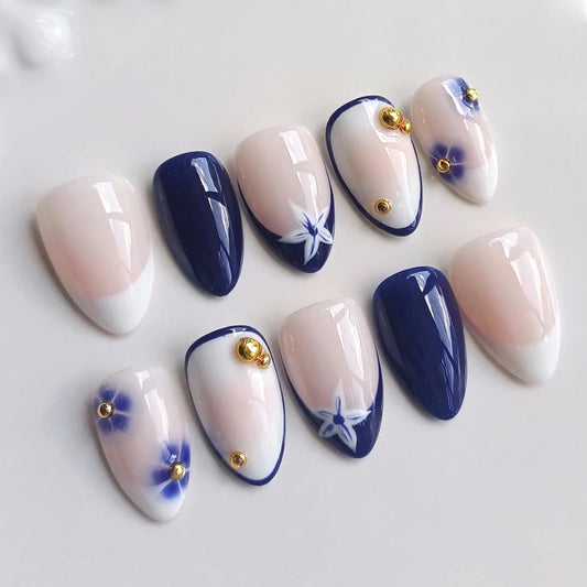 30Pcs Blue Flower Press on Nails - Short Almond French Tip Fake Nails with 3D Gold Beads Design Flowers False Nails Nude Glossy Full Cover Spring Summer Floral Gel Artificial Stick on Nails for Women