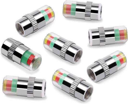 WNCGC 8Pcs Tire Valve Stem Caps, 2.4Bar 35PSI Car Tire Pressure Monitor Valve Stem Caps Sensor Indicator 3 Color Eye Alert, Silver