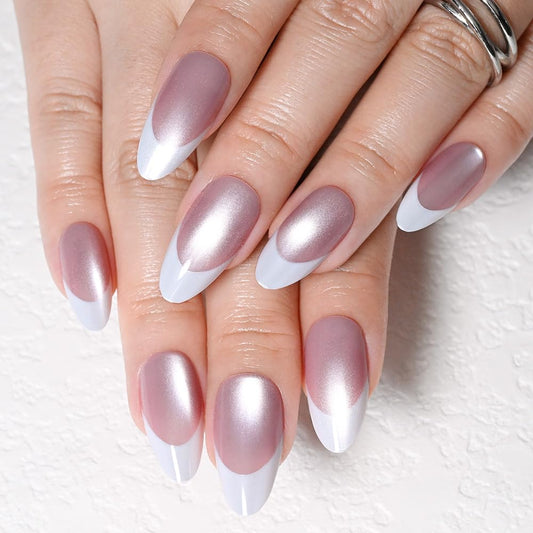 evpct Mauve Cat Eye French Tip Press on Nails Almond Medium No Glue, White French Tip Medium Almond Holographic Stick on Nails for Women, Reusable Full Cover Soft Press on Nail Perfectly with Design