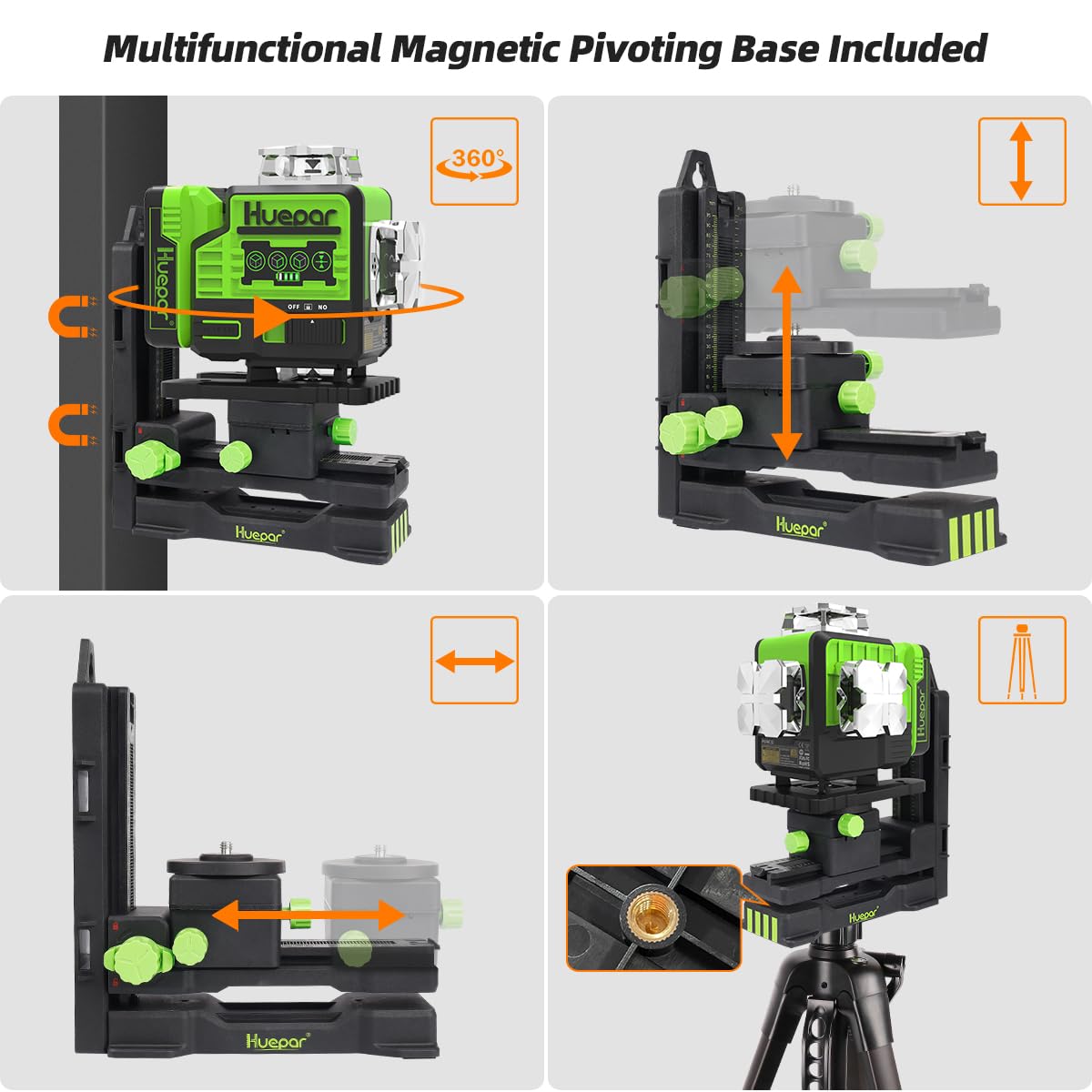 Huepar 12V 4x360 Laser Level Self Leveling with Bluetooth and Remote Control, 4D Green Cross Line Laser, 16 Lines Lazer Leveler Tool for Construction, Upgrraded Bracket, Removable Battery P04CG