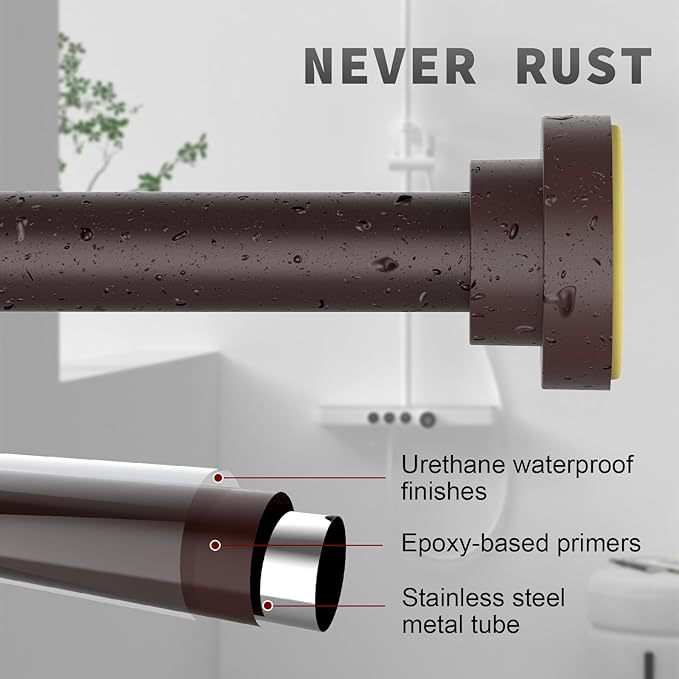 Thestoa Brown Shower Curtain Rod Adjustable 43-66 inch, 1"Diameter Spring Tension Curtain Rod No Drill, Anti-Rust Non-Slip Shower Rod for Bathroom Tension Rod