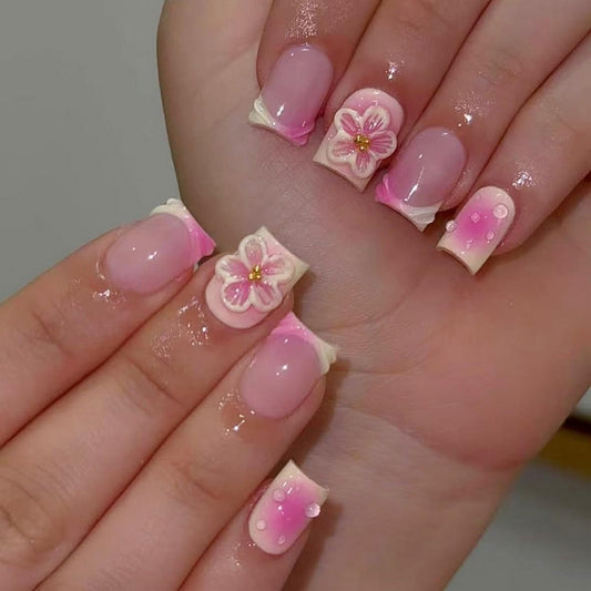 3D Short Square Press on Nails French Tip Fake Nails Pink&Yellow False Nails with Flower Water Drop Designs Glossy Glue on Nails Floral Stick on Nail for Women Girls 24Pcs