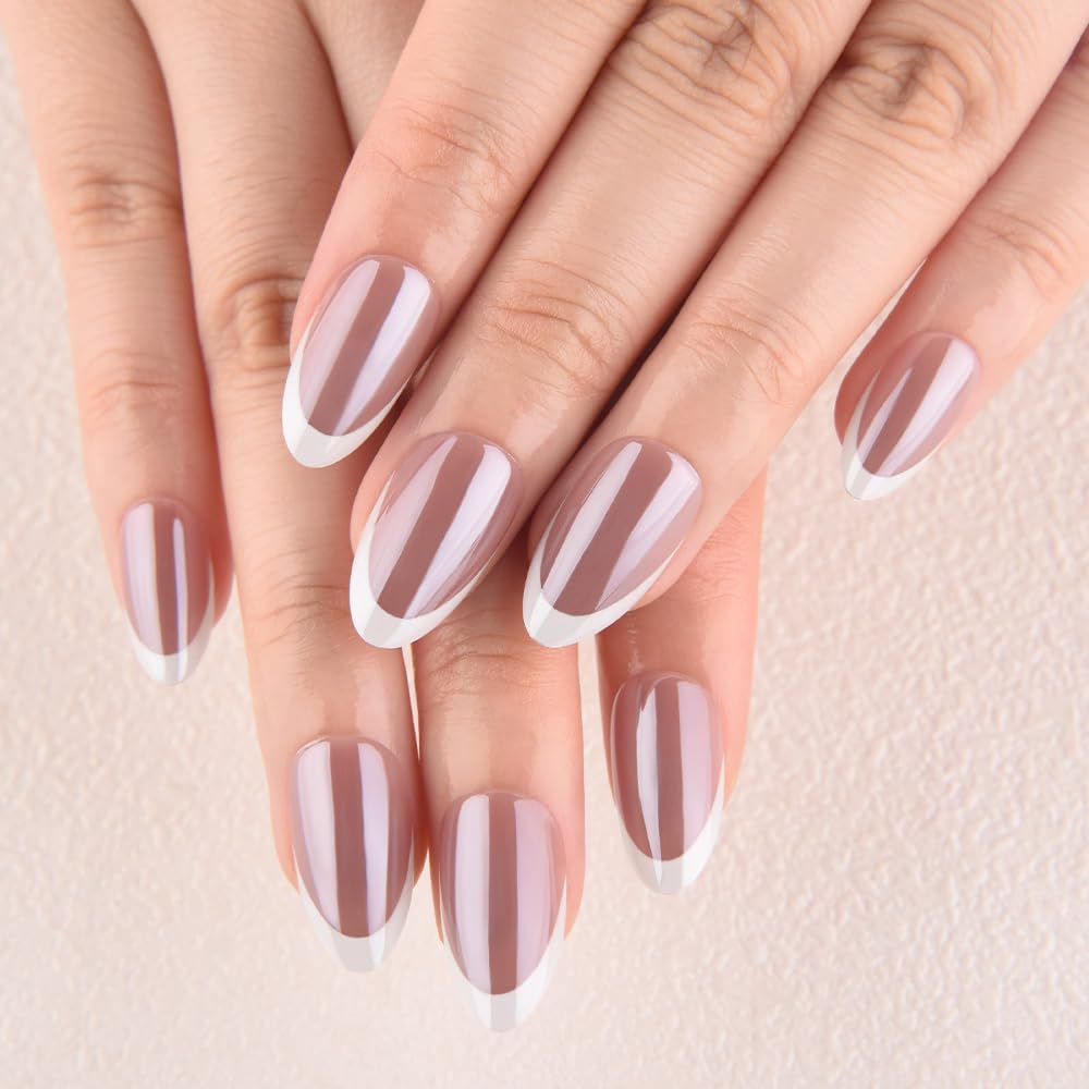 evpct French Tip Press On Nails Short Almond, Mauve Taupe + White Tips, Chrome Glazed Glossy Short Almond Fake False Press on Nails, Reusable Gel Stick on nail Press ons Nail Kits, Salon Quality