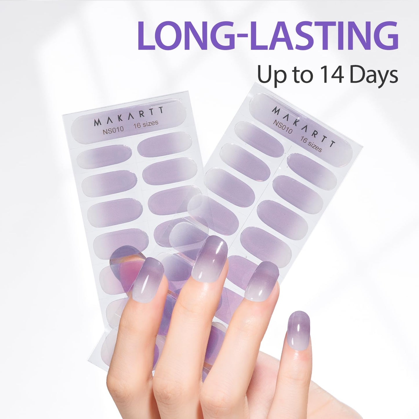 Makartt Semi Cured Gel Nail Strips Kit 2 Packs – Real Gel, Hema & TPO Free, 16 Sizes Anti-Lift Design, UV Required, Long Wear, Dual-Ended Tool & Prep Kit (Lavender Ombre)