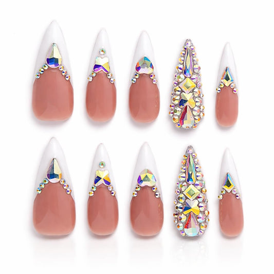 IntoVibes 10 Pieces Handmade Long Almond Press On Nails, White Thickened French False Nails With Rhinestone Decorate, Reusable Fake Nails Almond, Reusable Acrylic Nails (L)