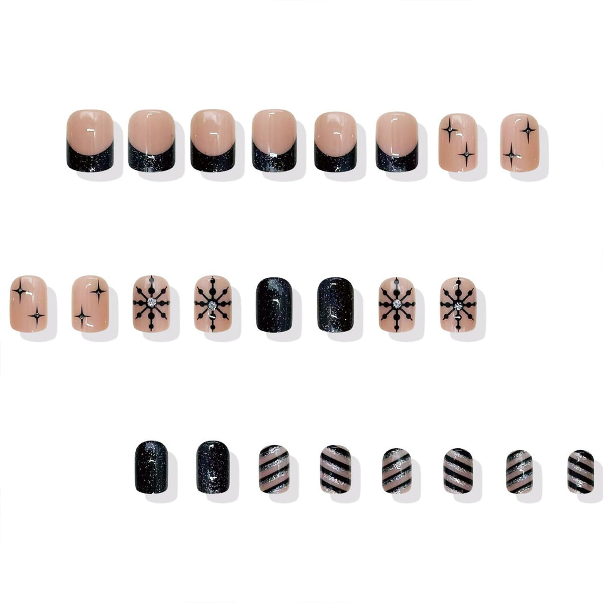 LWTZLW Christmas Press on Nails Black French Tip Short Square False Nails Rhinestones Snowflake Glue on Nail Black Glitter Design Acrylic Fake Nails Winter Artificial Glossy Nail Reusable for Women