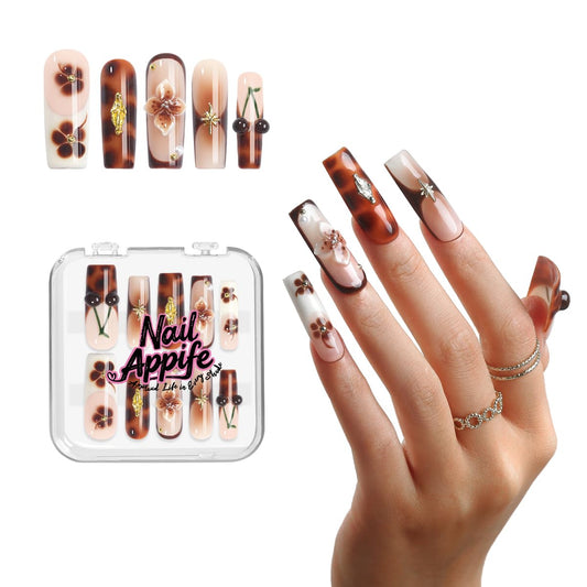 Handmade Long & Medium Square Press-On Nails | 10pcs Reusable Acrylic False Nails with 3D Flowers, Rhinestones & Gradient French Design | Salon Quality Luxury Nails – NailAppif (Amber Cherry,M)
