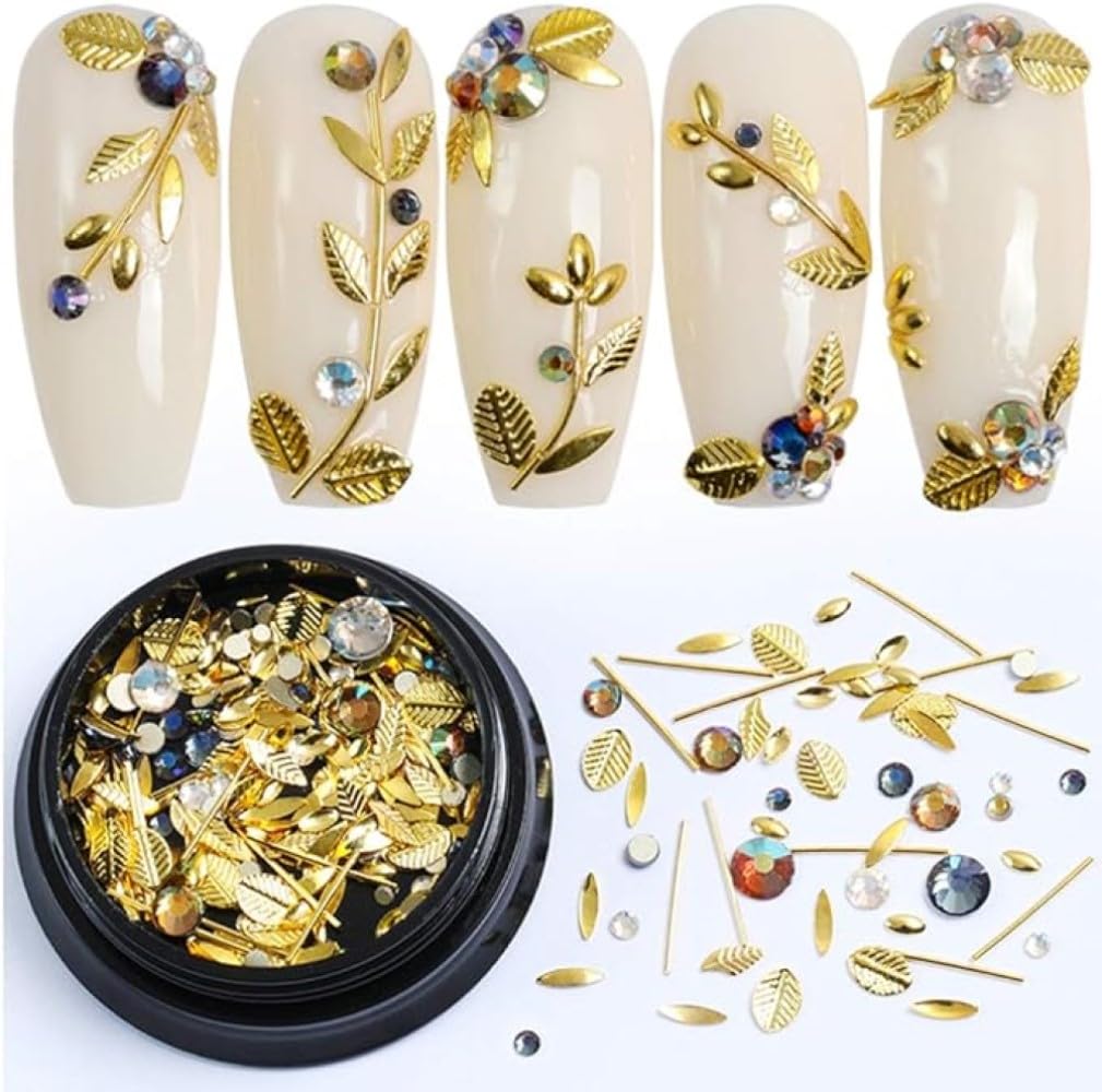 Chunmeng 3D Metal Nail Gems for Acrylic Nail Supplies, Holographic Gold Line Leaf Gems Sparkle Shape Design Decals DIY Manicure Jewelry Accessories for Women Girls Nail Decor