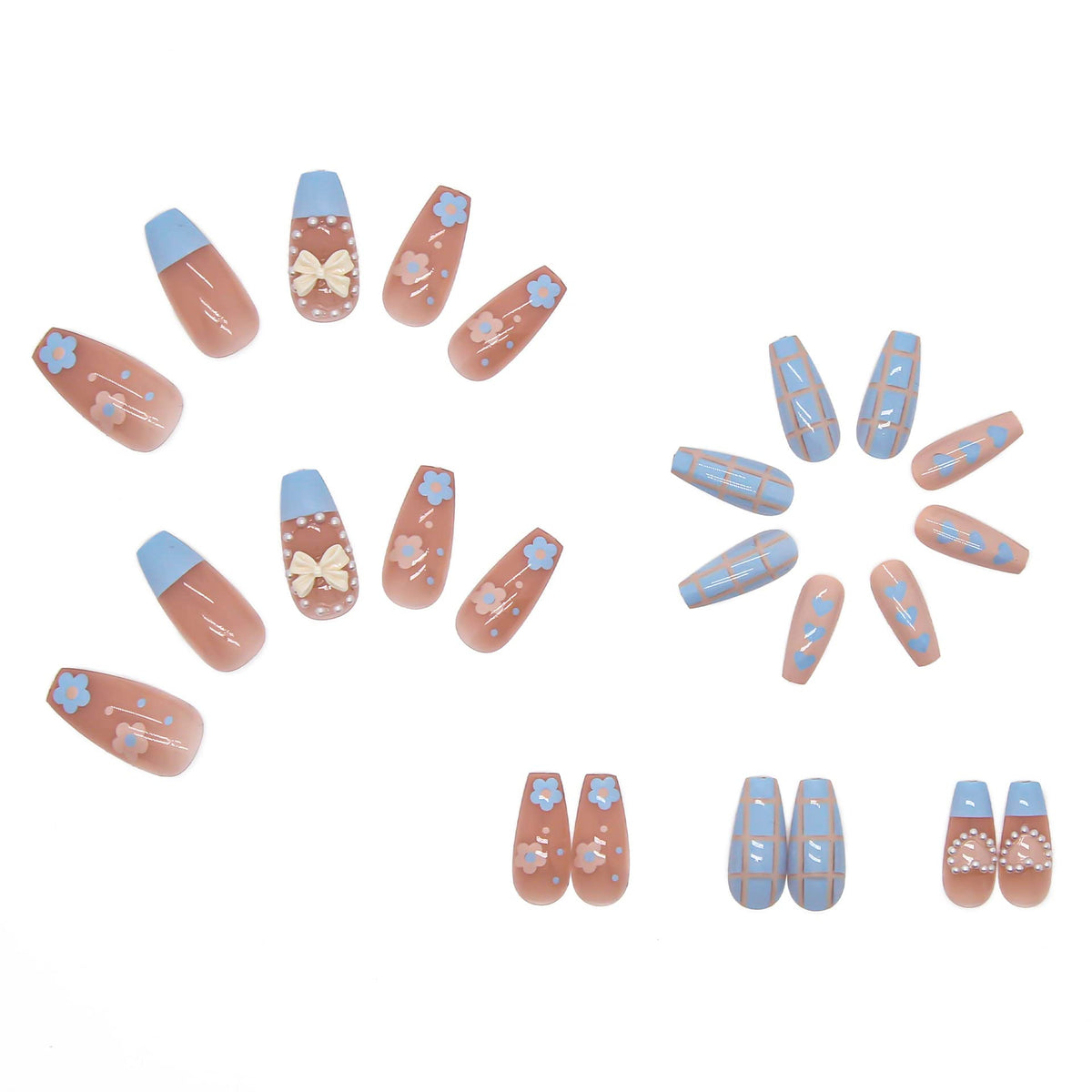 BABALAL Coffin Press on Nails Long Acrylic Nails Blue Pink Fake Nails Glossy Glue on 3D Heart Charm Cute Design for Women and Girls