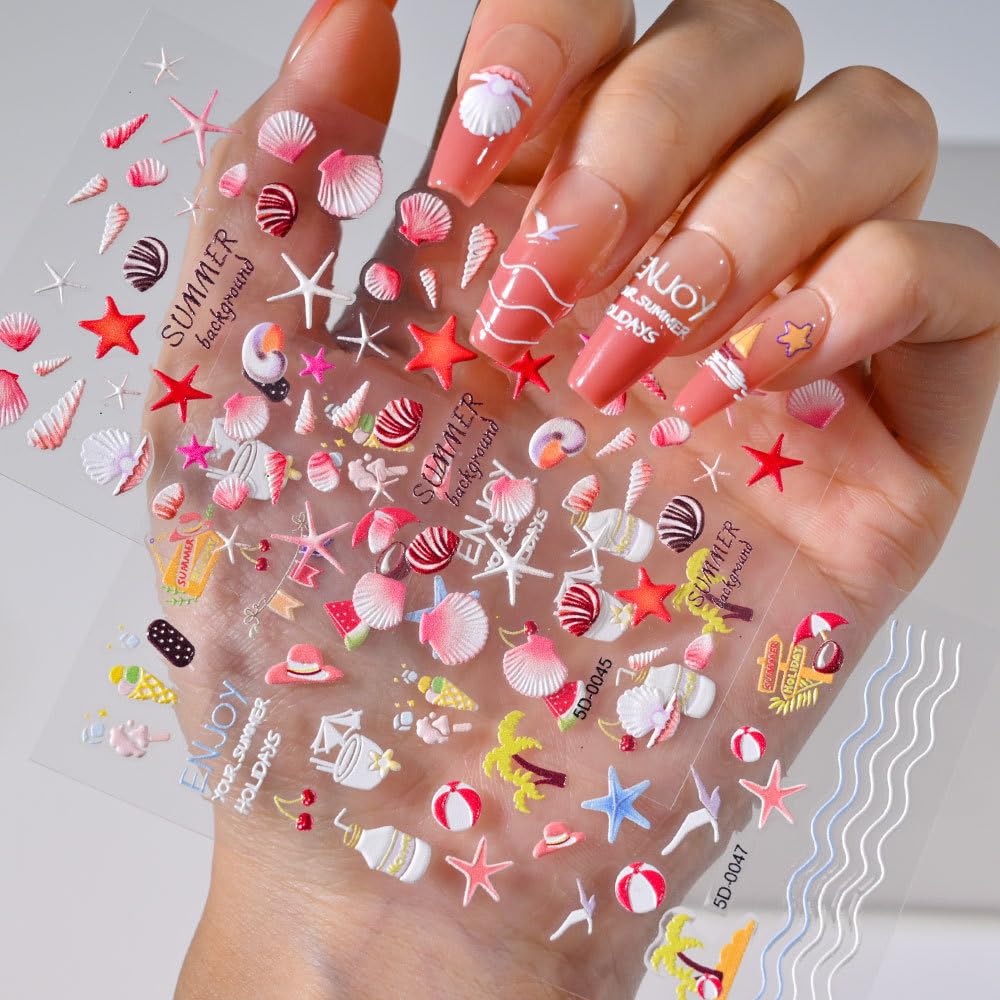 Teilihai 4 Sheets 5D Embossed Ocean Style Nail Art Stickers Starfish Seashell Design Nail Stickers Coconut Tree Nail Art Decals for Nails Decoration, Self Adhesive Nail Supplies for Women and Girls
