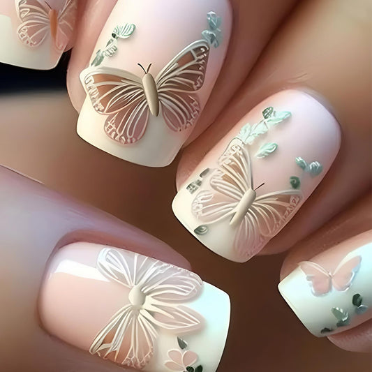 FIEONCIY Modern Glossy Full Cover Square French False Nails with Designs Artificial Short Square Fake Nails with Charms Glue Stick ons Fingernails for Women Girls (FD017) - 24 pcs