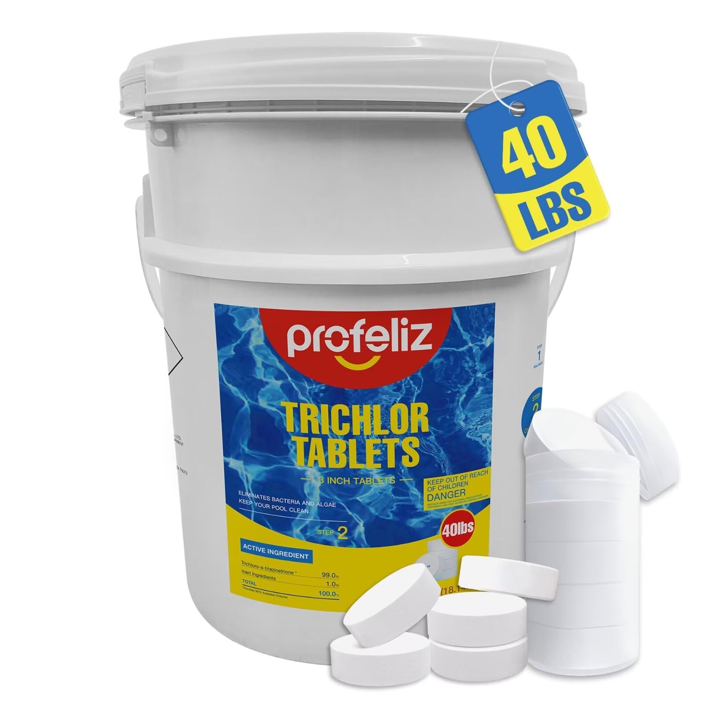 PROFELIZ Chlorine Tablets 3 Inch for Swimming Pools, Kills Bacteria and Stops Algae, Slow Dissolving,Exclusive Protective Packaging,Pool Chlorine Tablets,40lbs