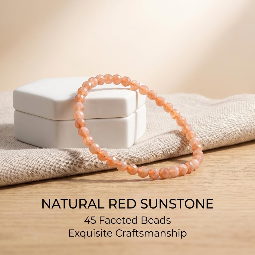 Angelstones Natural Red Sunstone Gemstone Small Beaded Stretch Bracelet, 4mm Faceted Round Beads, Crystal Healing Bracelet for Women