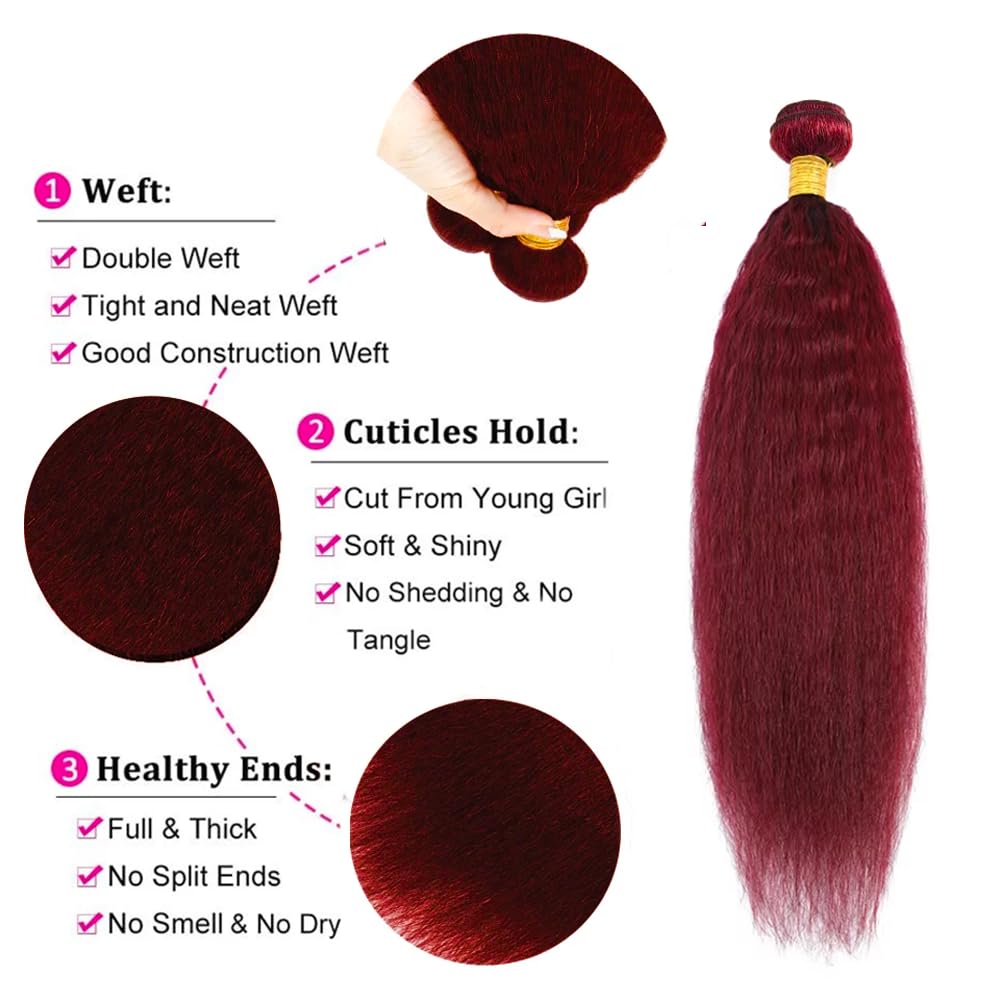 24 24 24 inch Burgundy Human Hair Bundles Red Kinky Straight Bundle 99J Human Hair Bundles Burgundy Yaki Bundle