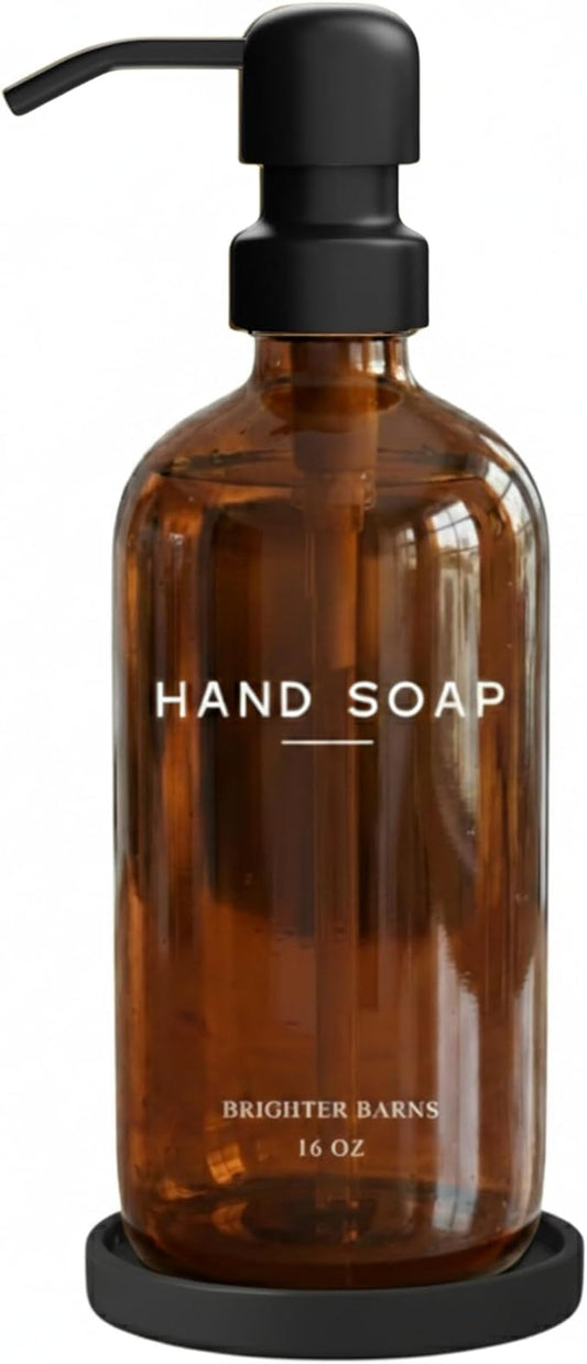 Amber Glass Hand Soap Dispenser Bathroom Set by Brighter Barns - Refillable Liquid Hand Soap Dispenser Tray and Pump Set for Kitchen - Modern Bathroom Decor & Accessories for Airbnb, RV, Hotel (Amber)