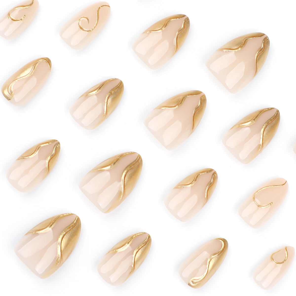 Almond Press On Nails Short Fake Nails Nude False Nails With 3D Gold Irregular Design Full Cover Acrylic Glue On Nail Glossy Stick On Nail Kit For Women DIY Manicure 24 Pcs
