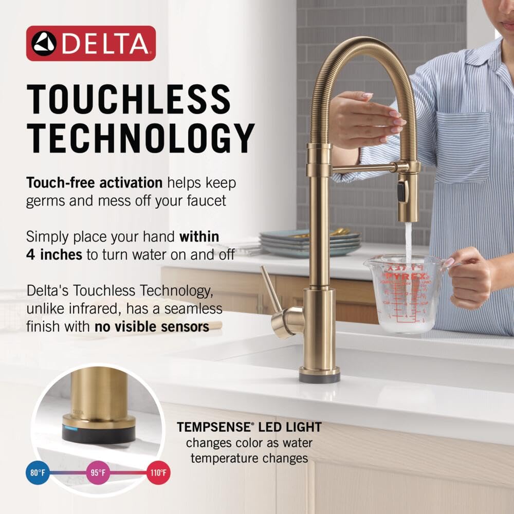 Delta Trinsic Pro Touchless Commercial Style Kitchen Faucet with Touch Technology, Gold Spring Kitchen Sink Faucet with Pull Down Sprayer, Champagne Bronze 9659TL-CZ-DST