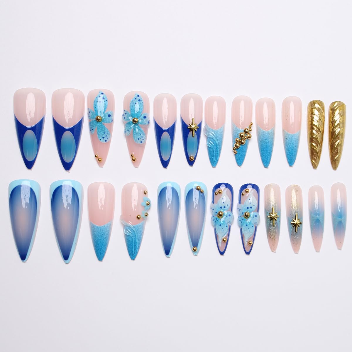 24Pcs Blue Flower Press on Nails Long Stiletto Fake Nails with Gold Rhinestones Design Almond Nails Press ons French Tip False Nails Full Cover Summer Glue on Nail Handmade Acrylic Nail for Women