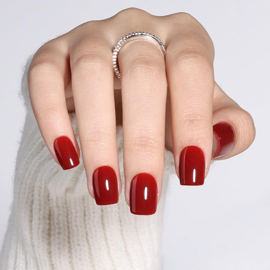 Dark Red Press On Nails - Short Square Burgundy Press On Nails for Women, Reusable Stick On Nails in 15 Sizes - 30PCS Glue On Nails Kit