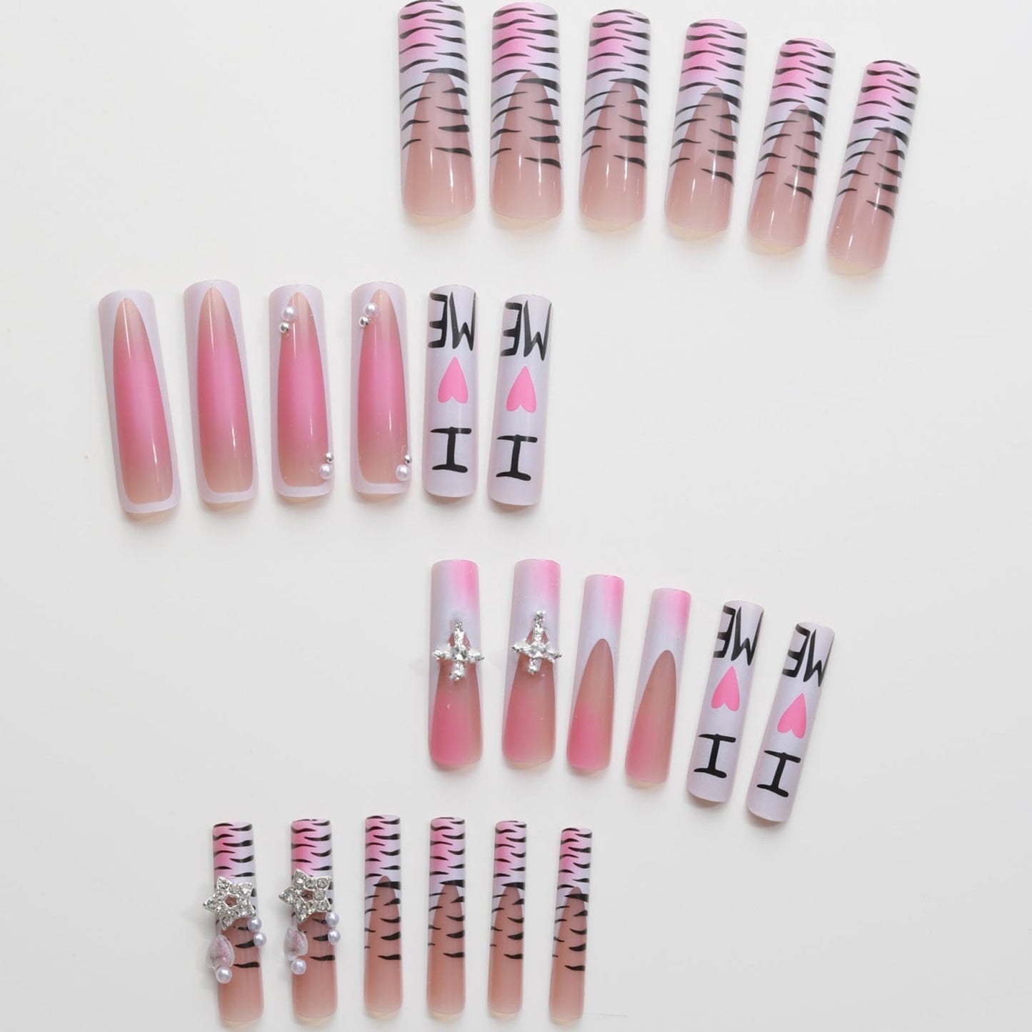 IMRAIN Long Press on Nails Square Fake Nails with Y2K Charms Design White French Tip Acrylic False Nails Pink Ombre Full Cover Glossy Cute Extra Long Stick on Nails for Women