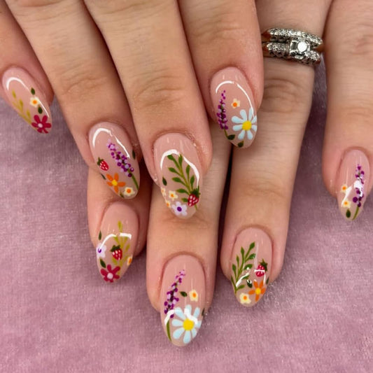 WLGDLH Press on Nails Short Oval Fake Nails, Flower False Nails Press ons Almond Nail Art Tips with Colorful Floral Design, Nude Glossy Finish Glue on Nails Stick on Nail for Women Manicure 24 Pcs