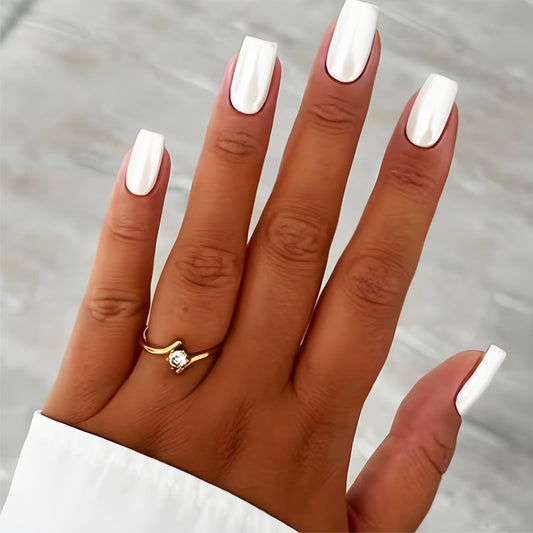 Pearl White Press on Nails, Medium Square False Nails for Bridal and Everyday, Glossy Aurora Glue on Artificial Nail, Reusable Chrome Stick on Fake Nail for Women Minimalist Daily Wear