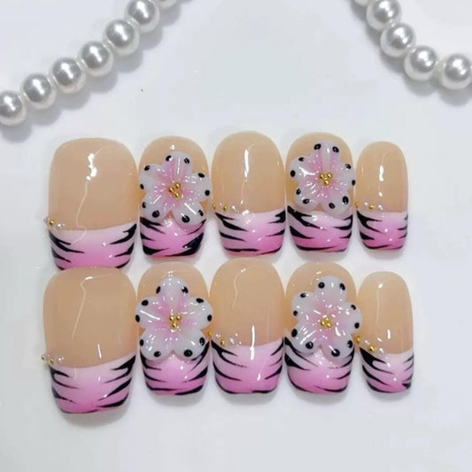 Haozerart Short Square Handmade Press on Nails 10Pcs - Luxury French Style Fake Nails with 3D Floral & Zebra Print, Shiny Cute False Nails for Women and Girls (M Size)